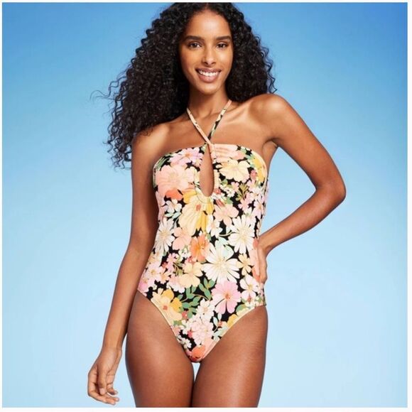 Shade & Shore Yellow Floral Halter Keyhole Bandeau One Piece Swimsuit sz large - Picture 1 of 6